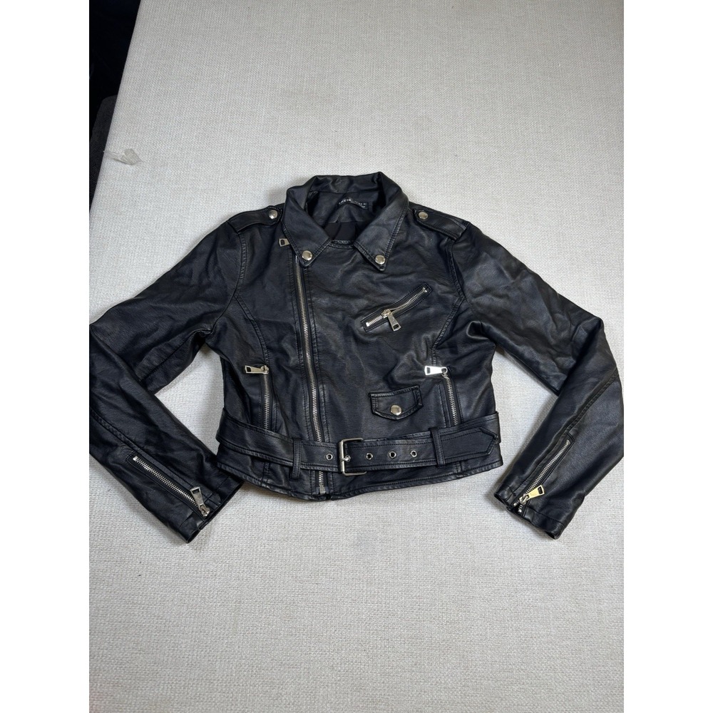 SHEIN Moto Jacket Womens Small Black Belted Faux Leather Biker Zip